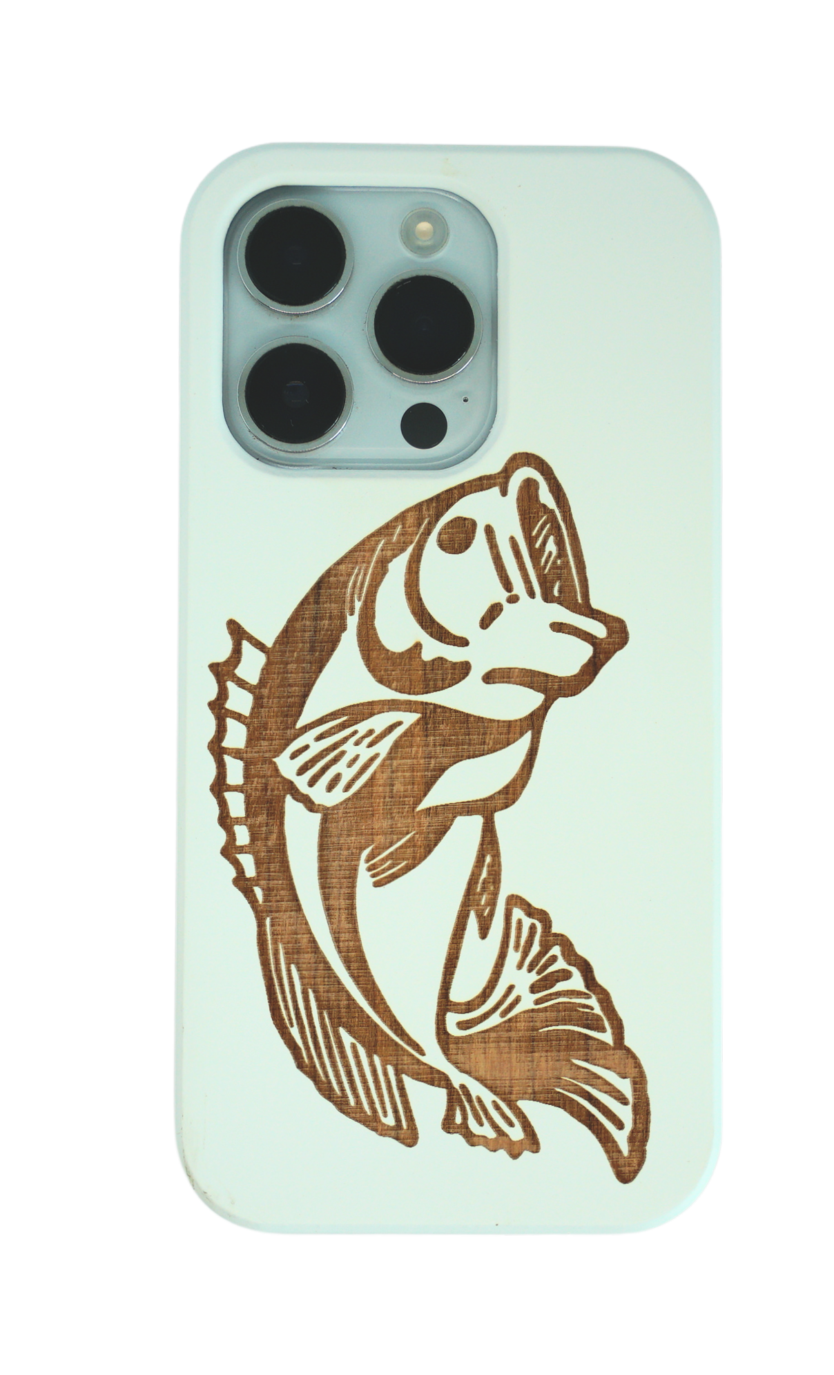 Eco-friendly wooden iPhone case with a detailed laser-engraved Fish, MagSafe-compatible for easy wireless charging