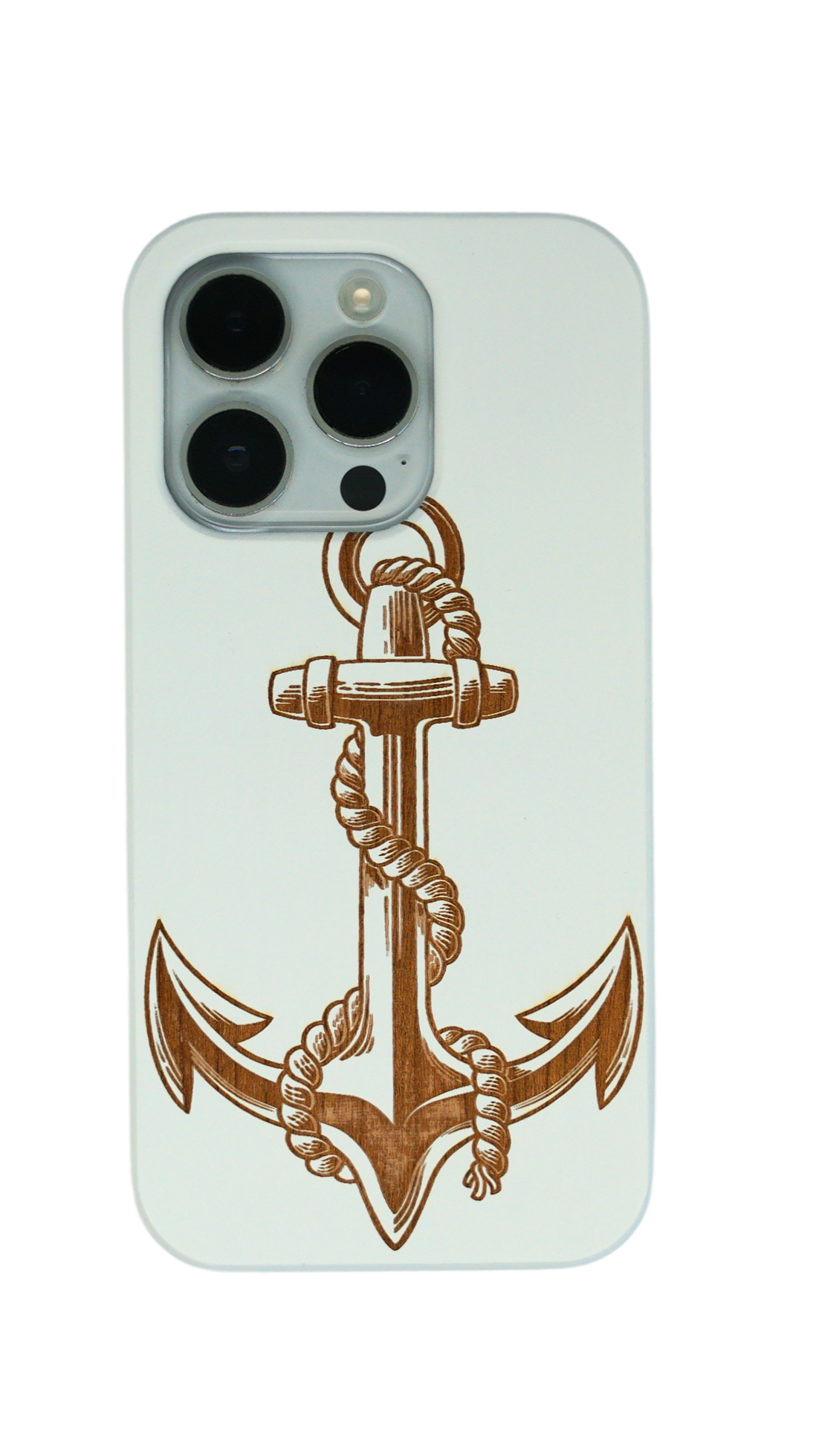 Eco-friendly wooden iPhone case with a detailed laser-engraved anchor design, MagSafe-compatible for easy wireless charging.