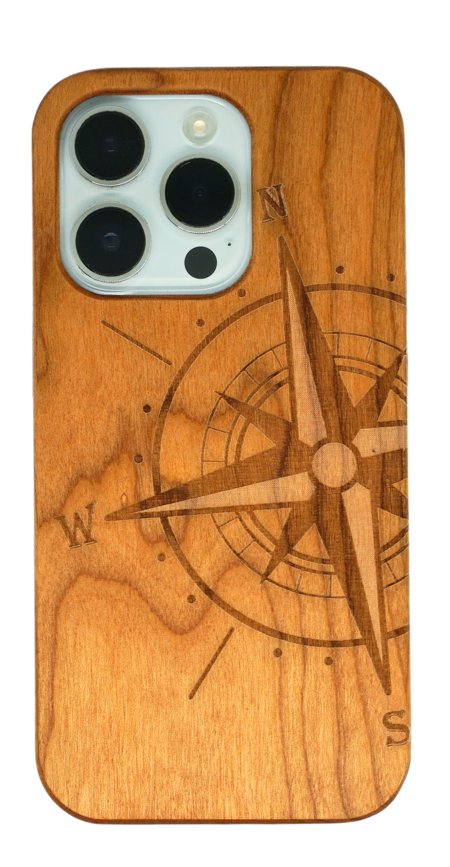 Eco-friendly wooden iPhone case with intricate laser-engraved compass design, MagSafe-compatible and crafted for durability and style.