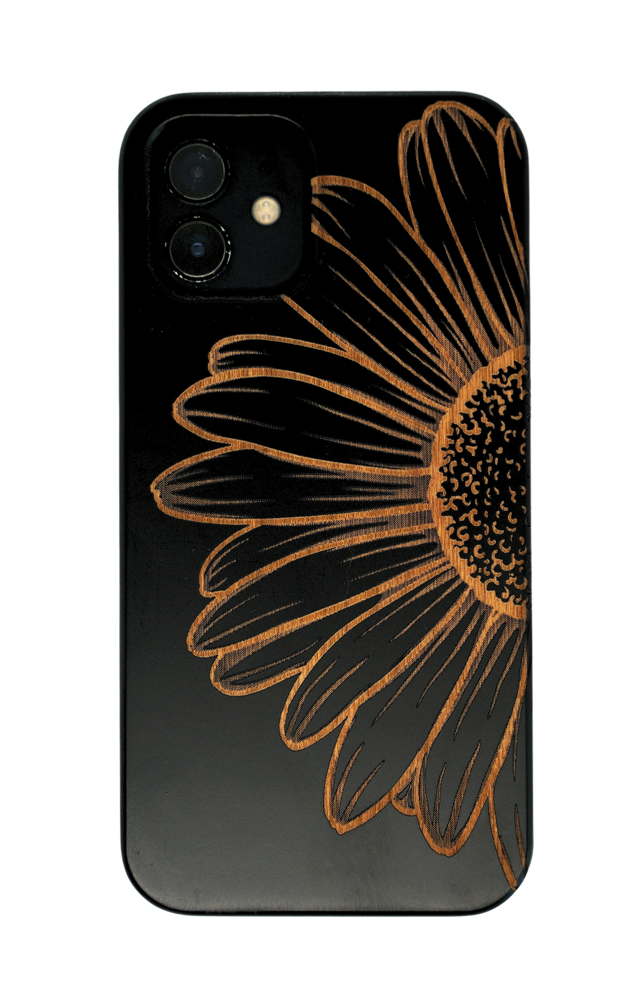 Eco-friendly wooden iPhone case with a detailed laser-engraved daisy flower MagSafe-compatible for easy wireless charging