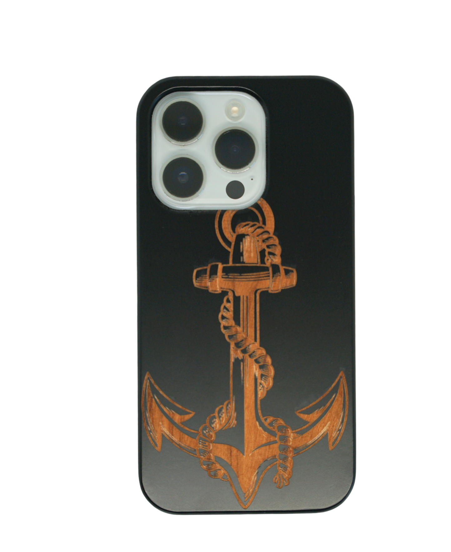 Eco-friendly wooden iPhone case with a detailed laser-engraved anchor design, MagSafe-compatible for easy wireless charging.