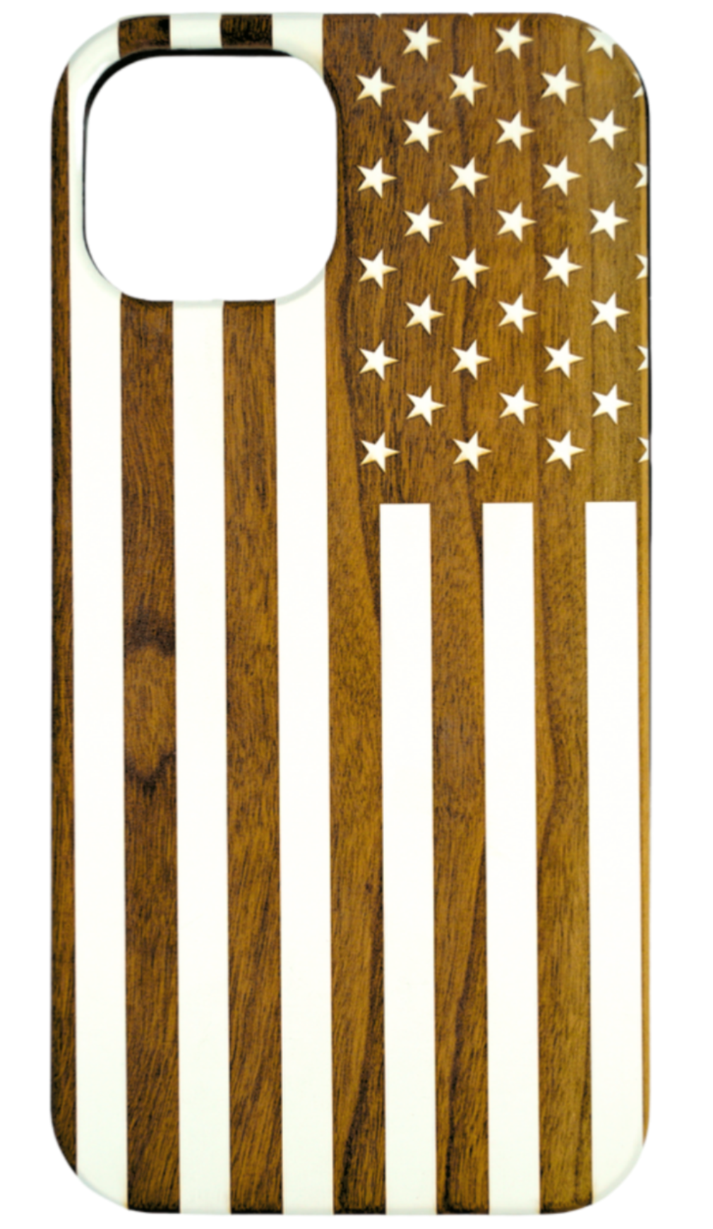 Eco-friendly wooden iPhone case with laser-engraved American flag design, MagSafe-compatible