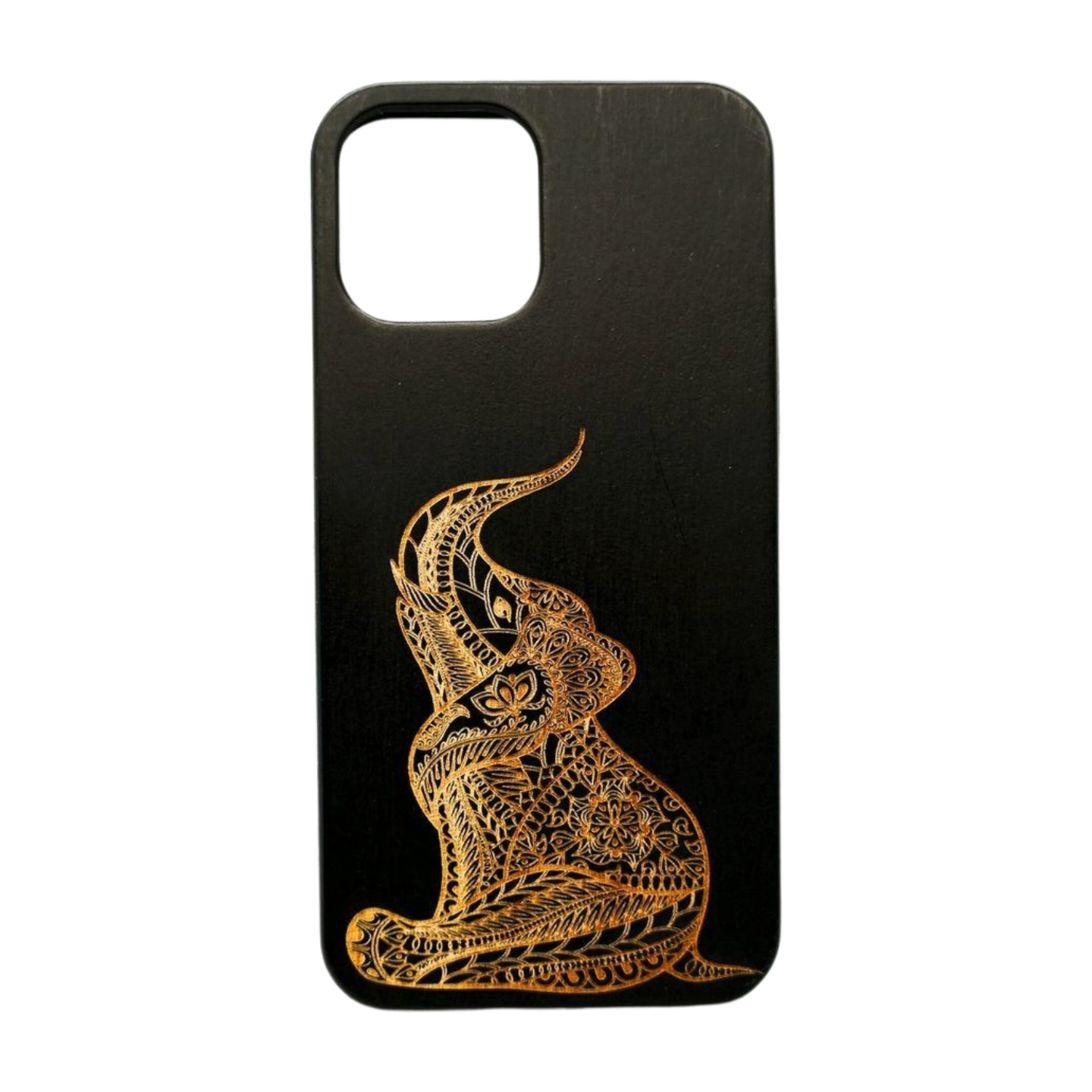 Eco-friendly wooden iPhone case with a detailed laser-engraved elephant design, MagSafe-compatible for easy wireless charging