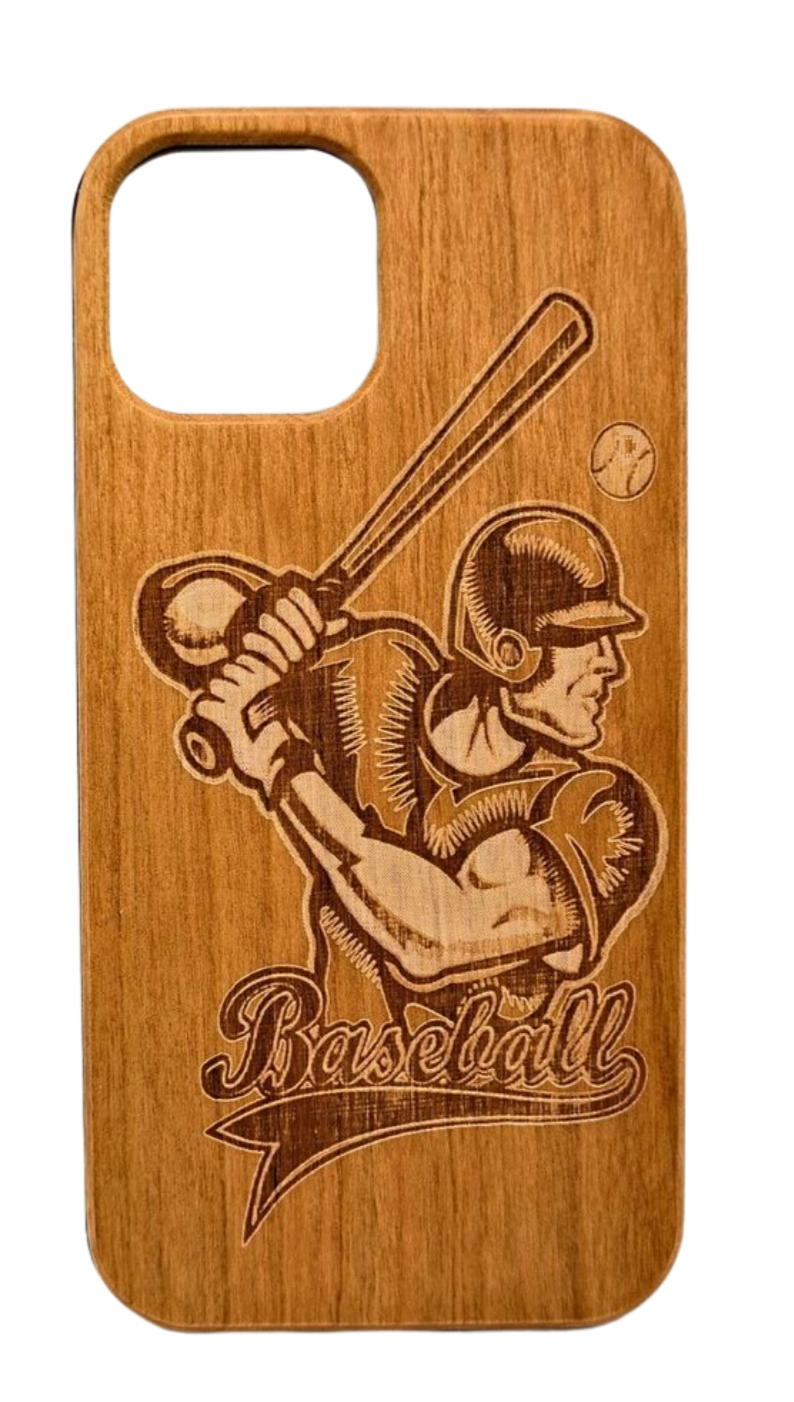 Eco-friendly wooden iPhone case with a detailed laser-engraved baseball MagSafe-compatible for easy wireless charging