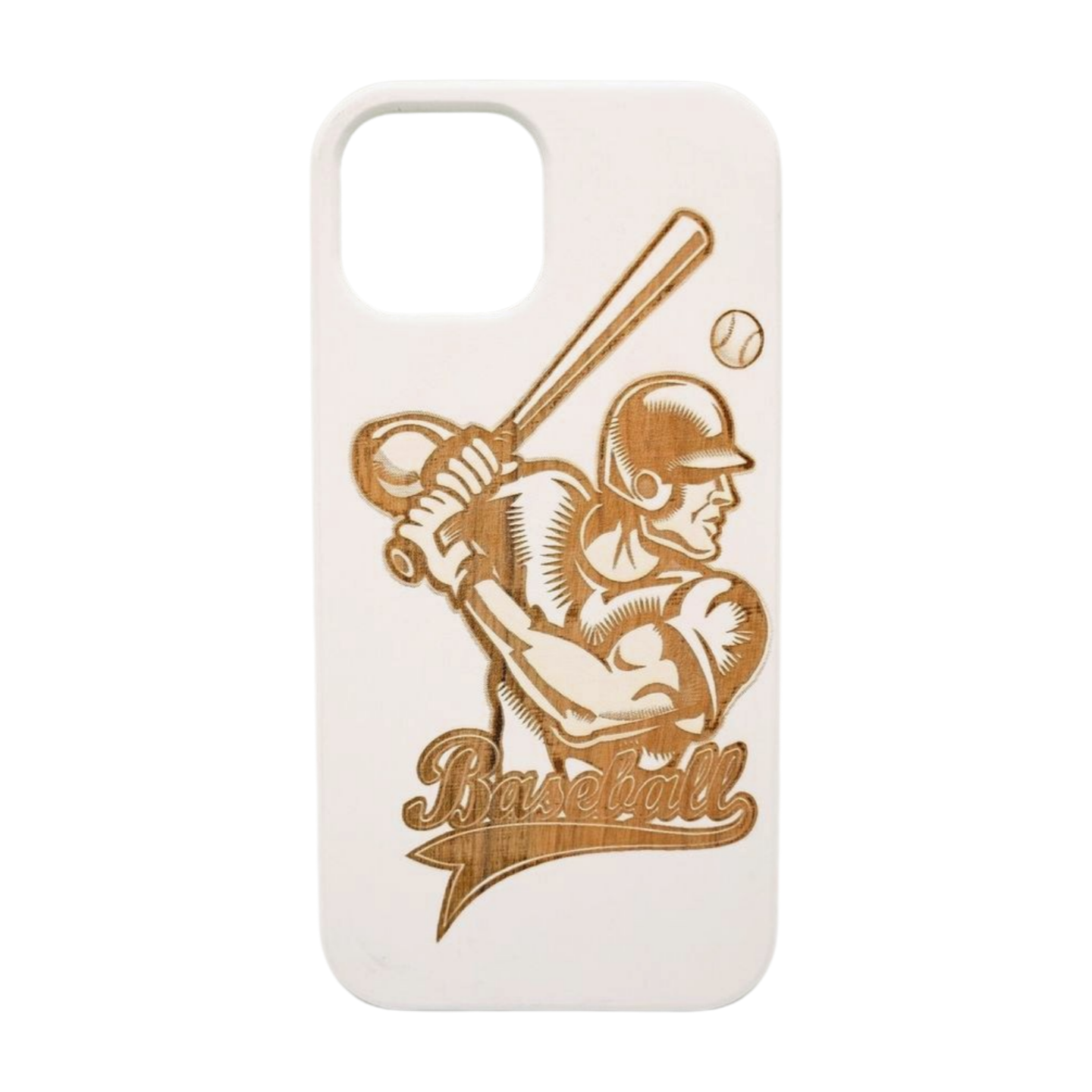 Eco-friendly wooden iPhone case with a detailed laser-engraved baseball MagSafe-compatible for easy wireless charging