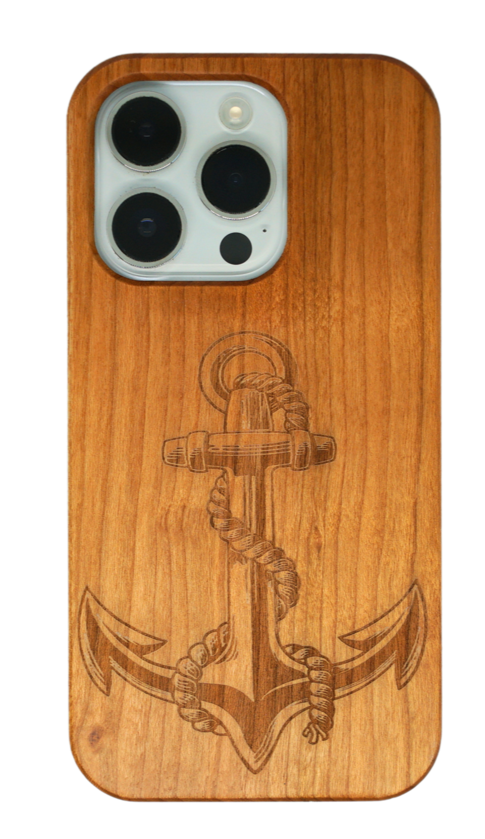 Eco-friendly wooden iPhone case with a detailed laser-engraved anchor design, MagSafe-compatible for easy wireless charging.