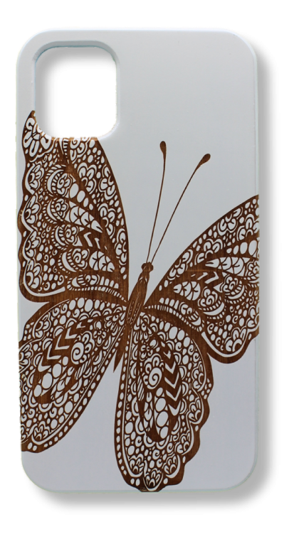 Eco-friendly wooden iPhone case with a detailed laser-engraved butterfly MagSafe-compatible for easy wireless charging