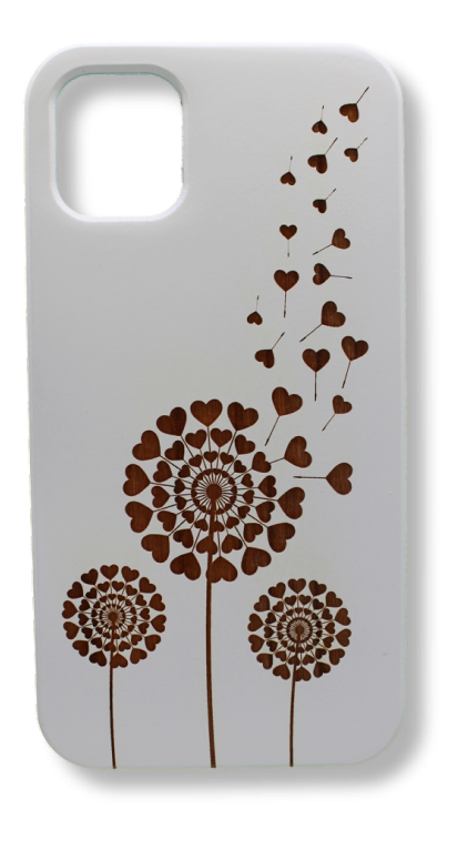 Eco-friendly wooden iPhone case with a detailed laser-engraved dandelion design, MagSafe-compatible for easy wireless charging