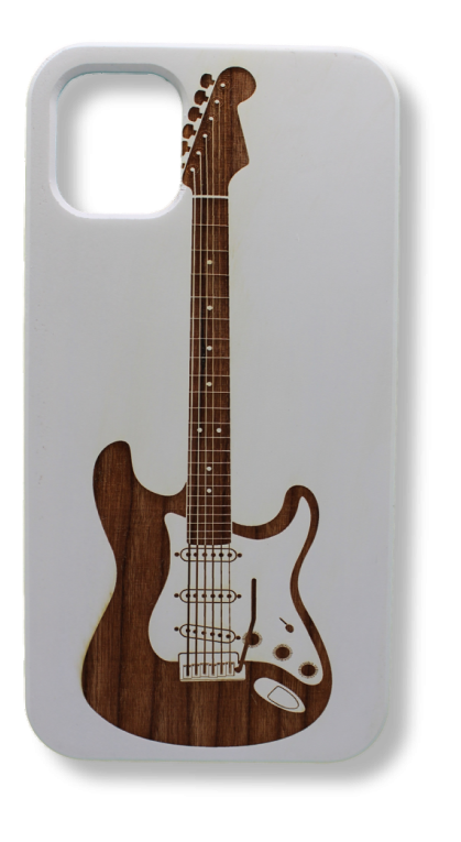 Eco-friendly wooden iPhone case with a detailed laser-engraved Guitar, MagSafe-compatible for easy wireless charging