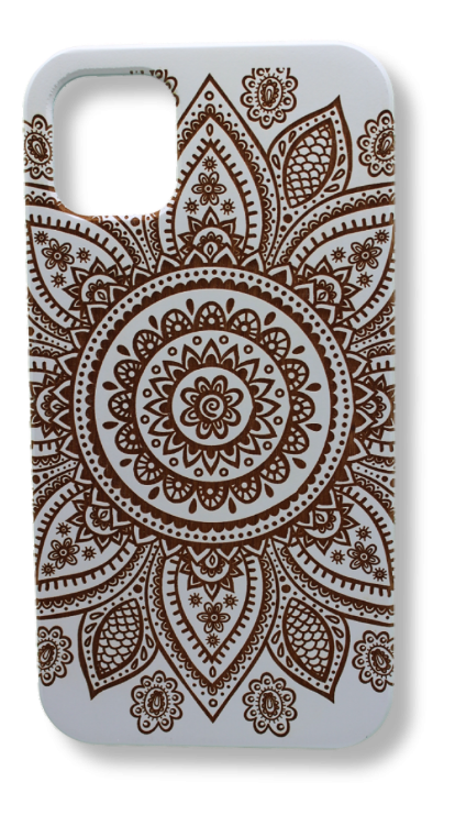 Eco-friendly wooden iPhone case with a detailed laser-engraved mandala design, MagSafe-compatible for easy wireless charging.