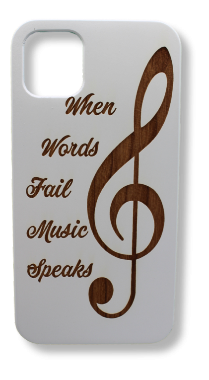 Eco-friendly wooden iPhone case with a detailed laser-engraved music note design, MagSafe-compatible for easy wireless charging.