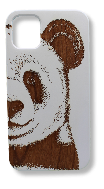 Eco-friendly wooden iPhone case with a detailed laser-engraved Panda design, MagSafe-compatible for easy wireless charging.