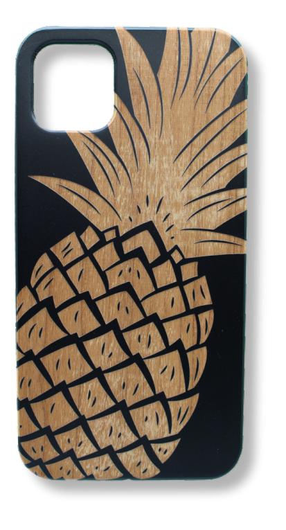 Eco-friendly wooden iPhone case with a detailed laser-engraved Pineapple design, MagSafe-compatible for easy wireless charging.