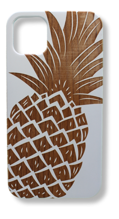 Eco-friendly wooden iPhone case with a detailed laser-engraved Pineapple design, MagSafe-compatible for easy wireless charging.