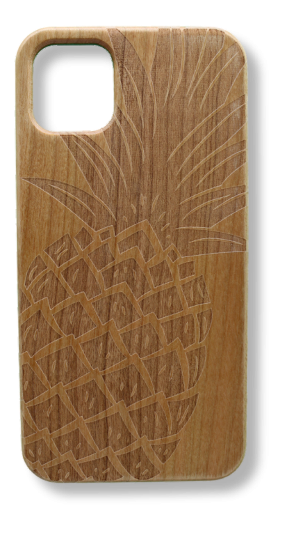 Eco-friendly wooden iPhone case with a detailed laser-engraved Pineapple design, MagSafe-compatible for easy wireless charging.