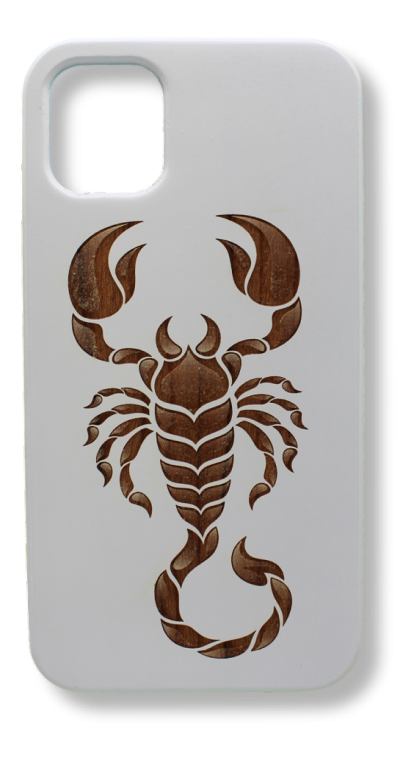 Eco-friendly wooden iPhone case with a detailed laser-engraved scorpion design, MagSafe-compatible for easy wireless charging.