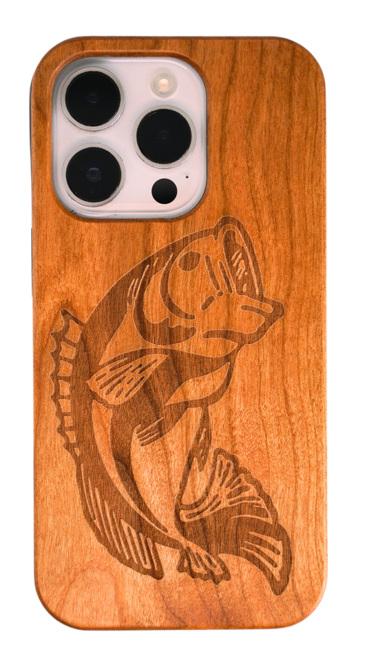 Eco-friendly wooden iPhone case with a detailed laser-engraved   Fish, MagSafe-compatible for easy wireless charging