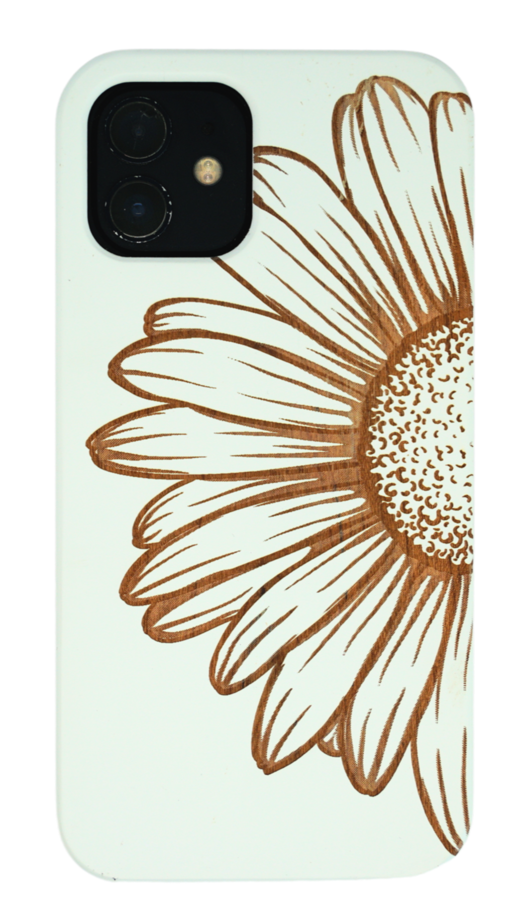 Eco-friendly wooden iPhone case with a detailed laser-engraved daisy flower MagSafe-compatible for easy wireless charging
