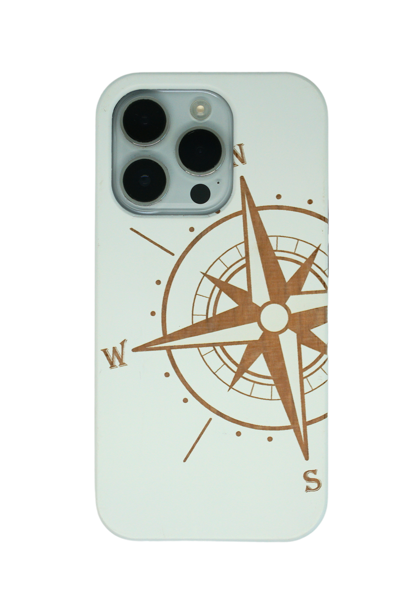 Eco-friendly wooden iPhone case with intricate laser-engraved compass design, MagSafe-compatible and crafted for durability and style.