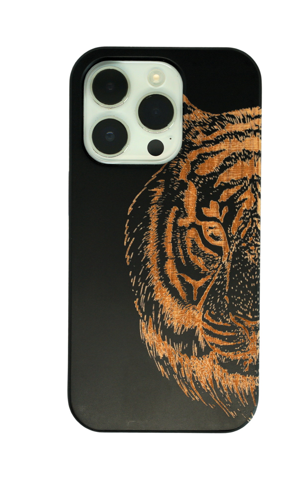 Eco-friendly wooden iPhone case with a detailed laser-engraved tiger design, MagSafe-compatible for easy wireless charging.