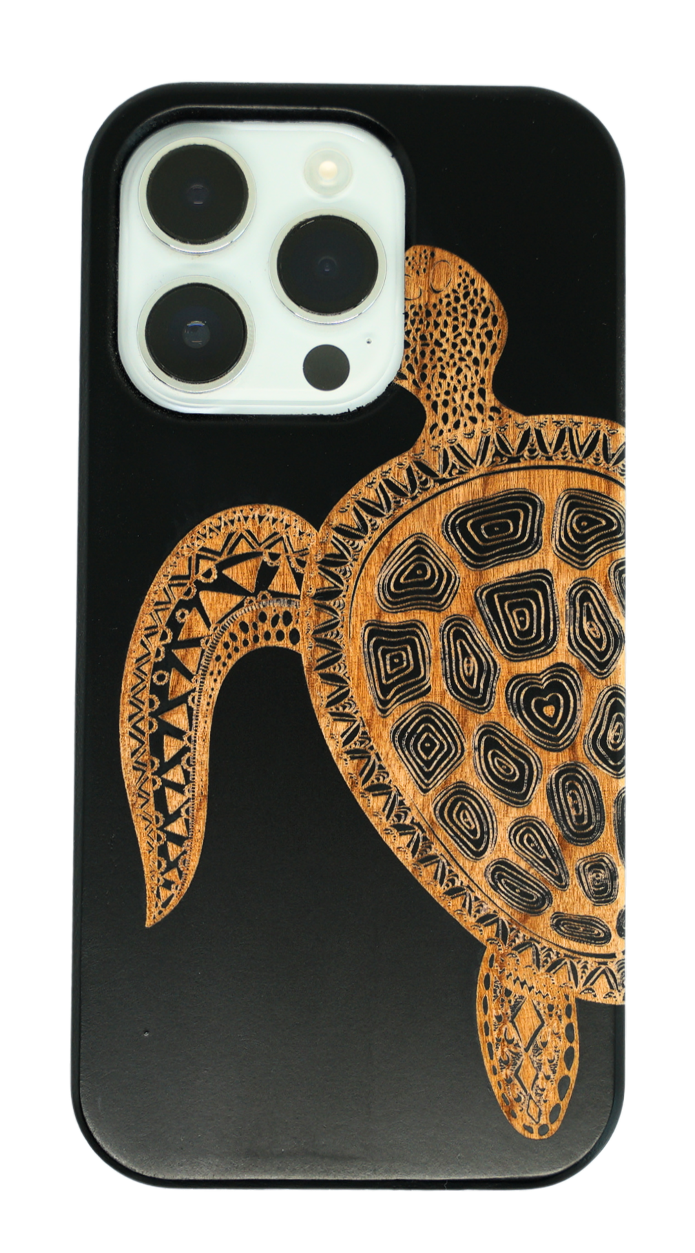 Eco-friendly wooden iPhone case with a detailed laser-engraved turtle  design, MagSafe-compatible for easy wireless charging.