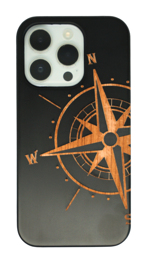 Eco-friendly wooden iPhone case with intricate laser-engraved compass design, MagSafe-compatible and crafted for durability and style.