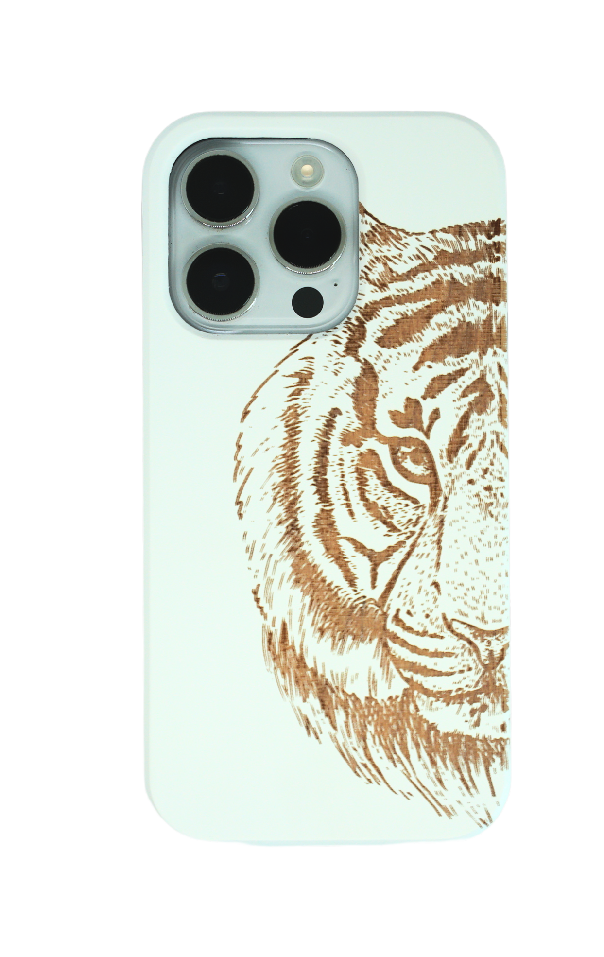 Eco-friendly wooden iPhone case with a detailed laser-engraved tiger design, MagSafe-compatible for easy wireless charging.