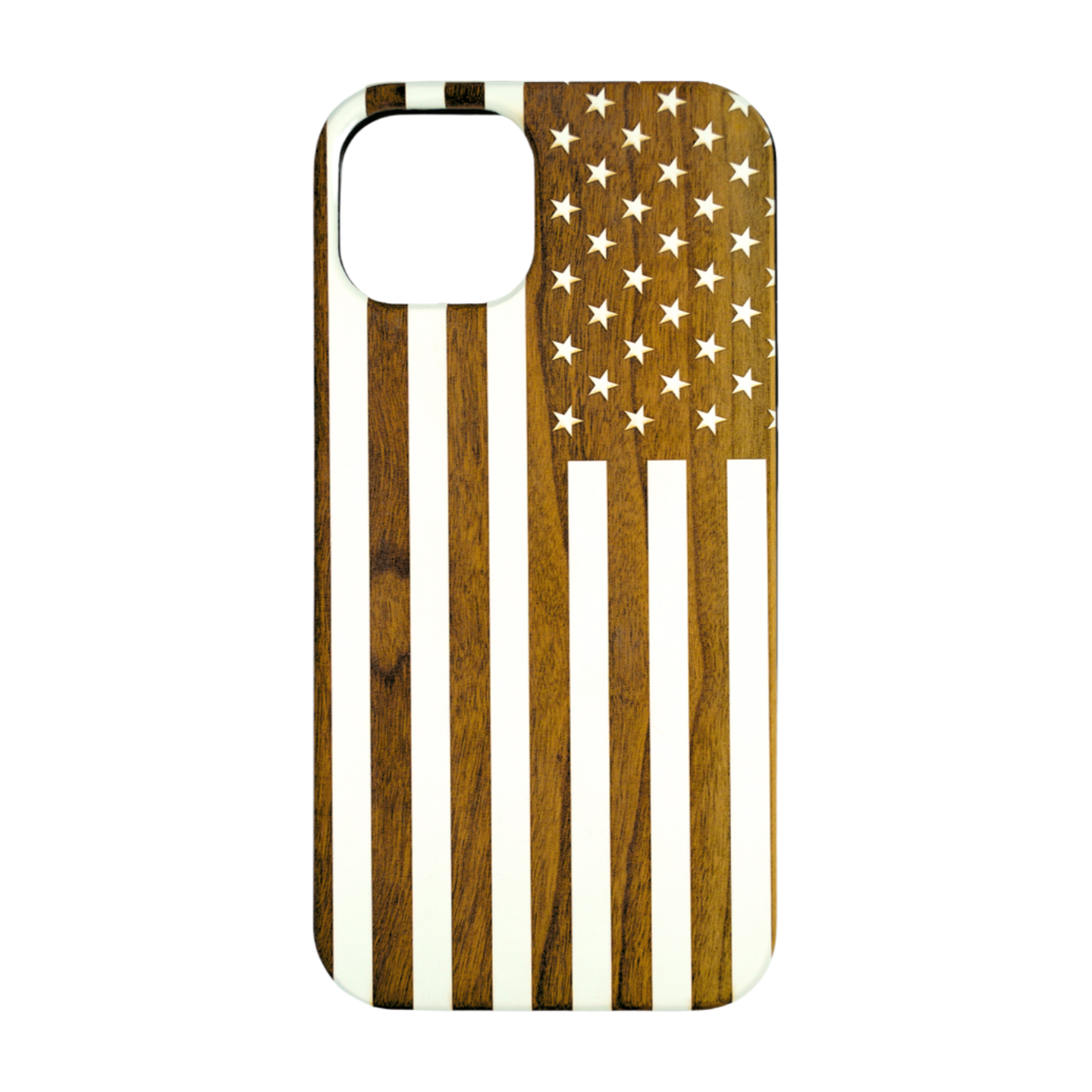 Eco-friendly wooden iPhone case with laser-engraved American flag design, MagSafe-compatible