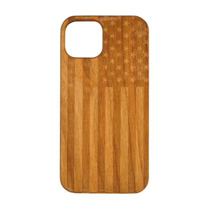 Eco-friendly wooden iPhone case with laser-engraved American flag design, MagSafe-compatible