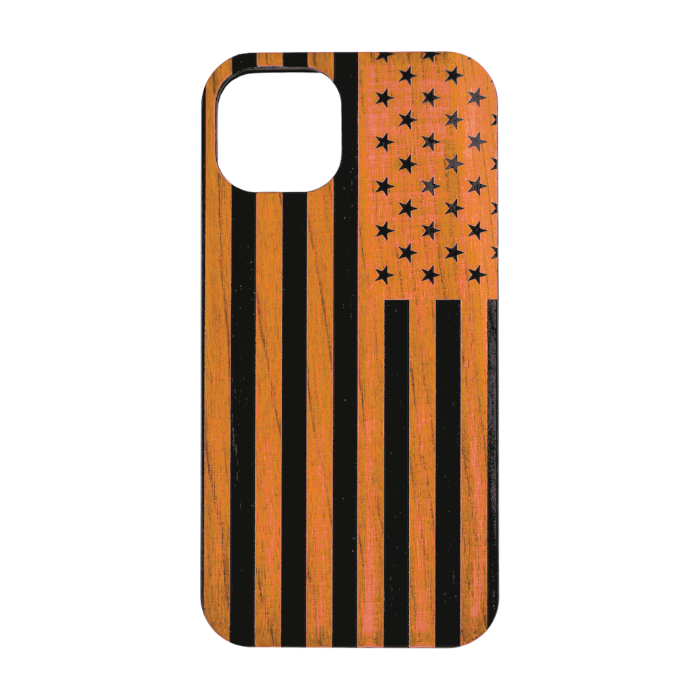 Eco-friendly wooden iPhone case with laser-engraved American flag design, MagSafe-compatible