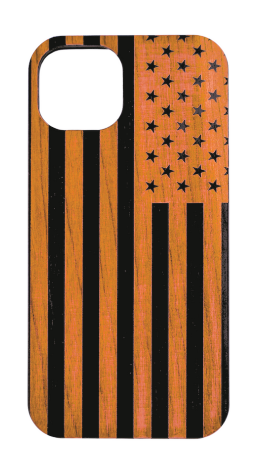 Eco-friendly wooden iPhone case with laser-engraved American flag design, MagSafe-compatible