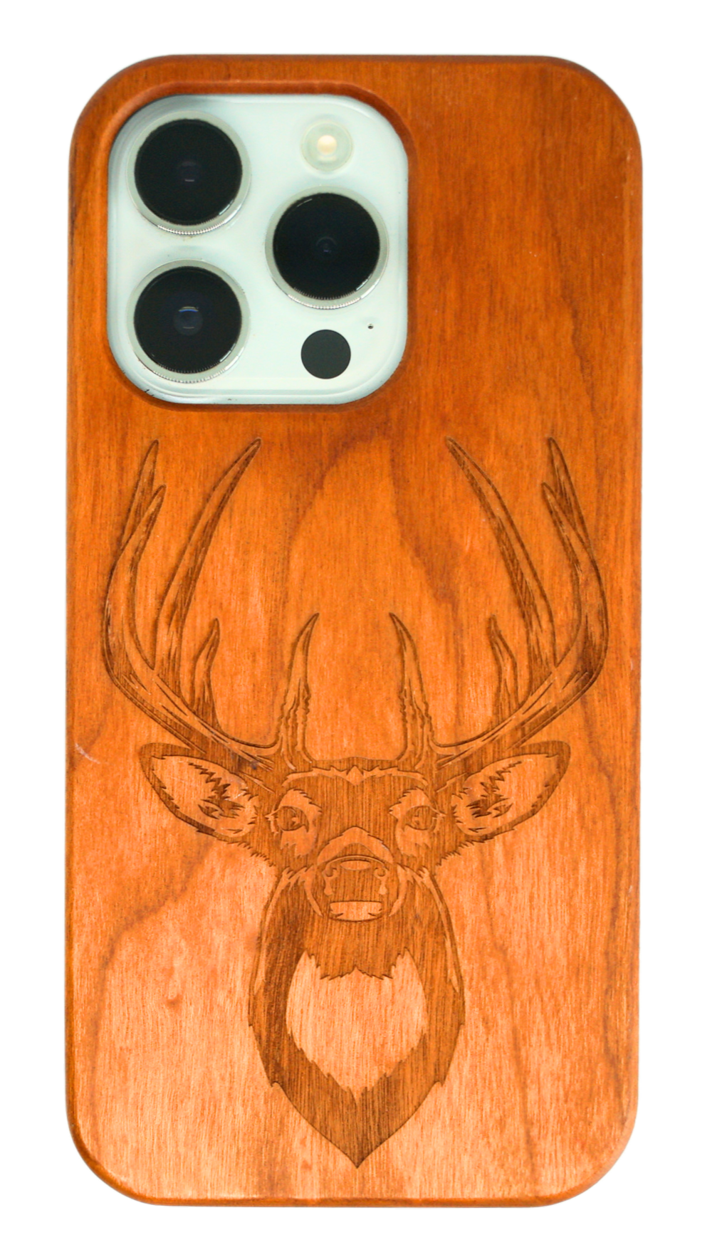 Eco-friendly wooden iPhone case with a detailed laser-engraved deer design, MagSafe-compatible for easy wireless charging