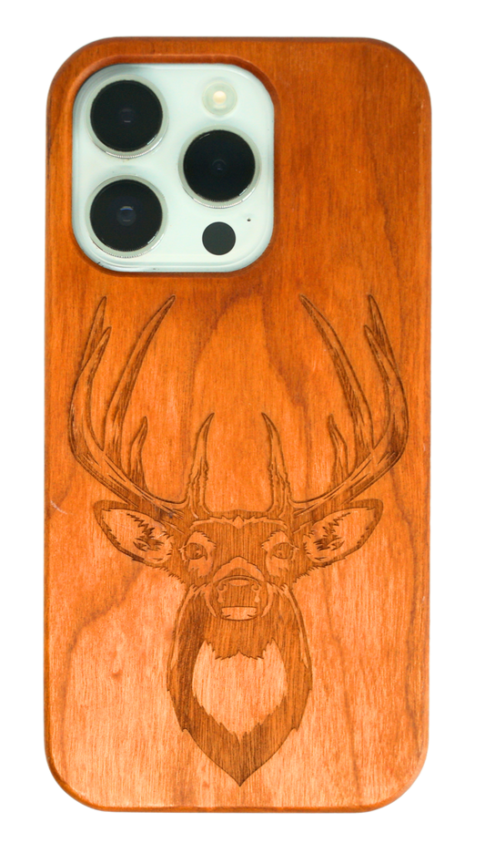 Eco-friendly wooden iPhone case with a detailed laser-engraved deer design, MagSafe-compatible for easy wireless charging