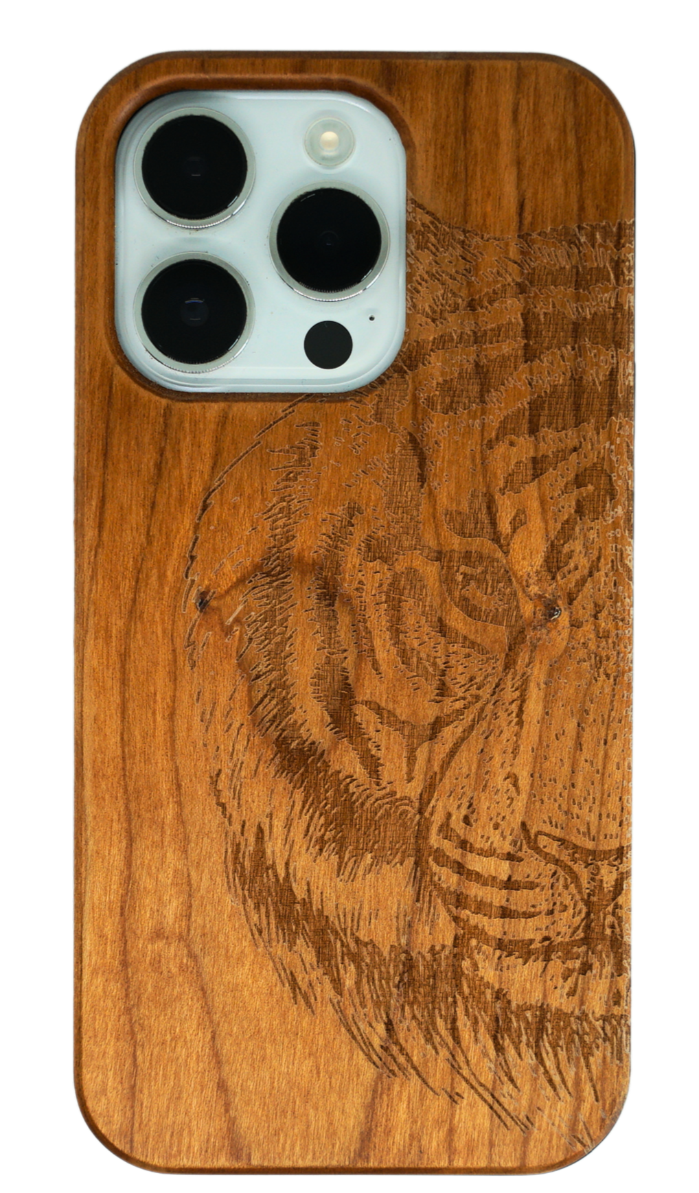 Eco-friendly wooden iPhone case with a detailed laser-engraved tiger design, MagSafe-compatible for easy wireless charging.