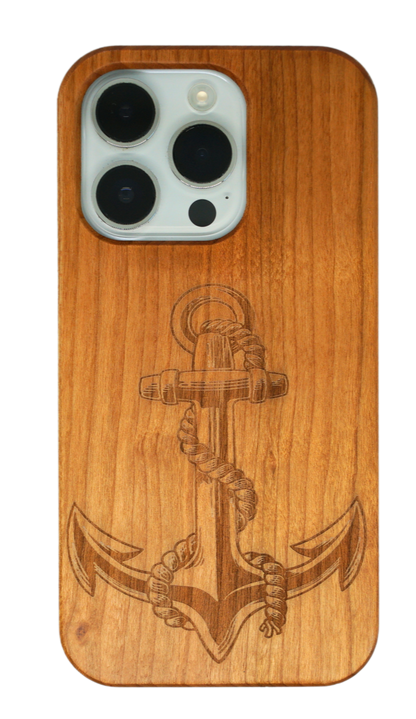 Eco-friendly wooden iPhone case with a detailed laser-engraved anchor design, MagSafe-compatible for easy wireless charging.