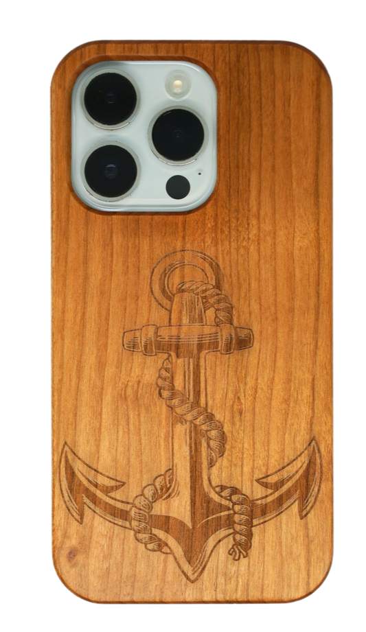 Eco-friendly wooden iPhone case with a detailed laser-engraved anchor design, MagSafe-compatible for easy wireless charging.