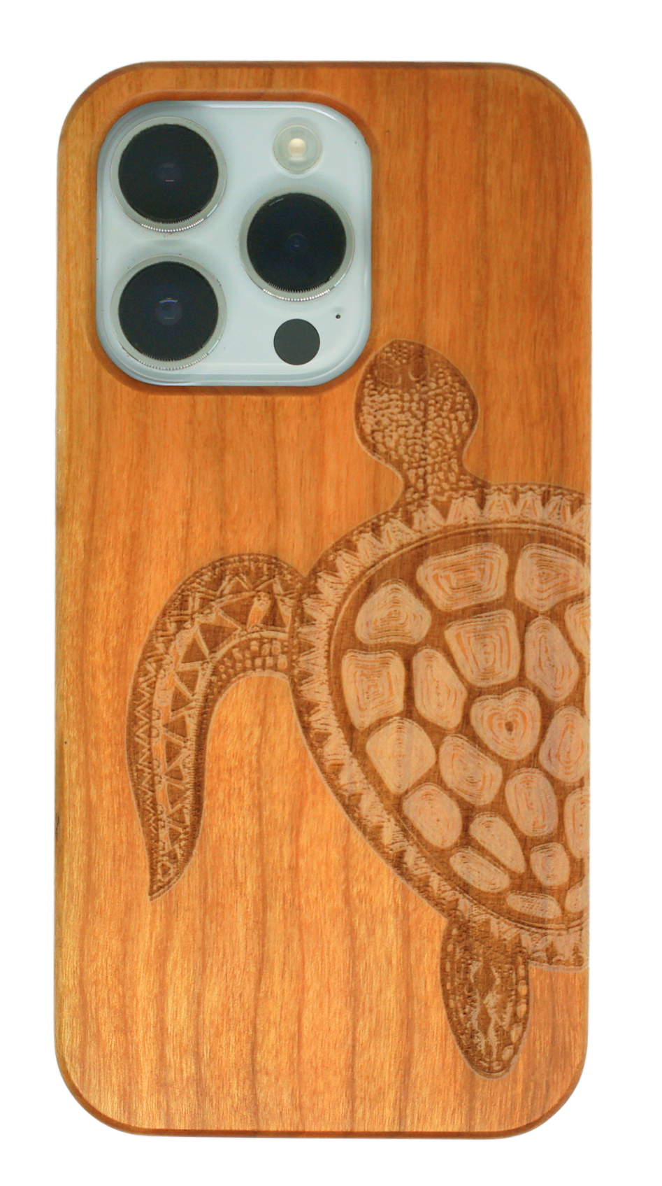 Eco-friendly wooden iPhone case with a detailed laser-engraved turtle  design, MagSafe-compatible for easy wireless charging.