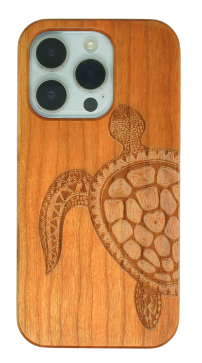 Eco-friendly wooden iPhone case with a detailed laser-engraved turtle  design, MagSafe-compatible for easy wireless charging.