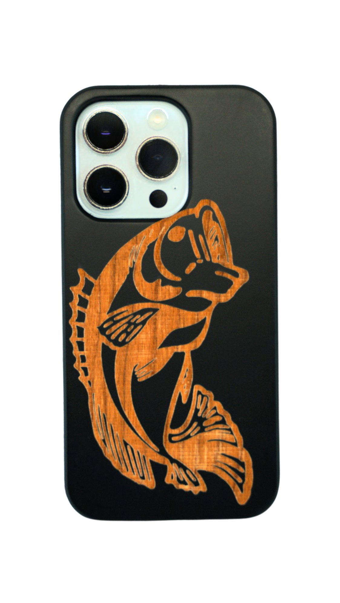 Eco-friendly wooden iPhone case with a detailed laser-engraved   Fish, MagSafe-compatible for easy wireless charging