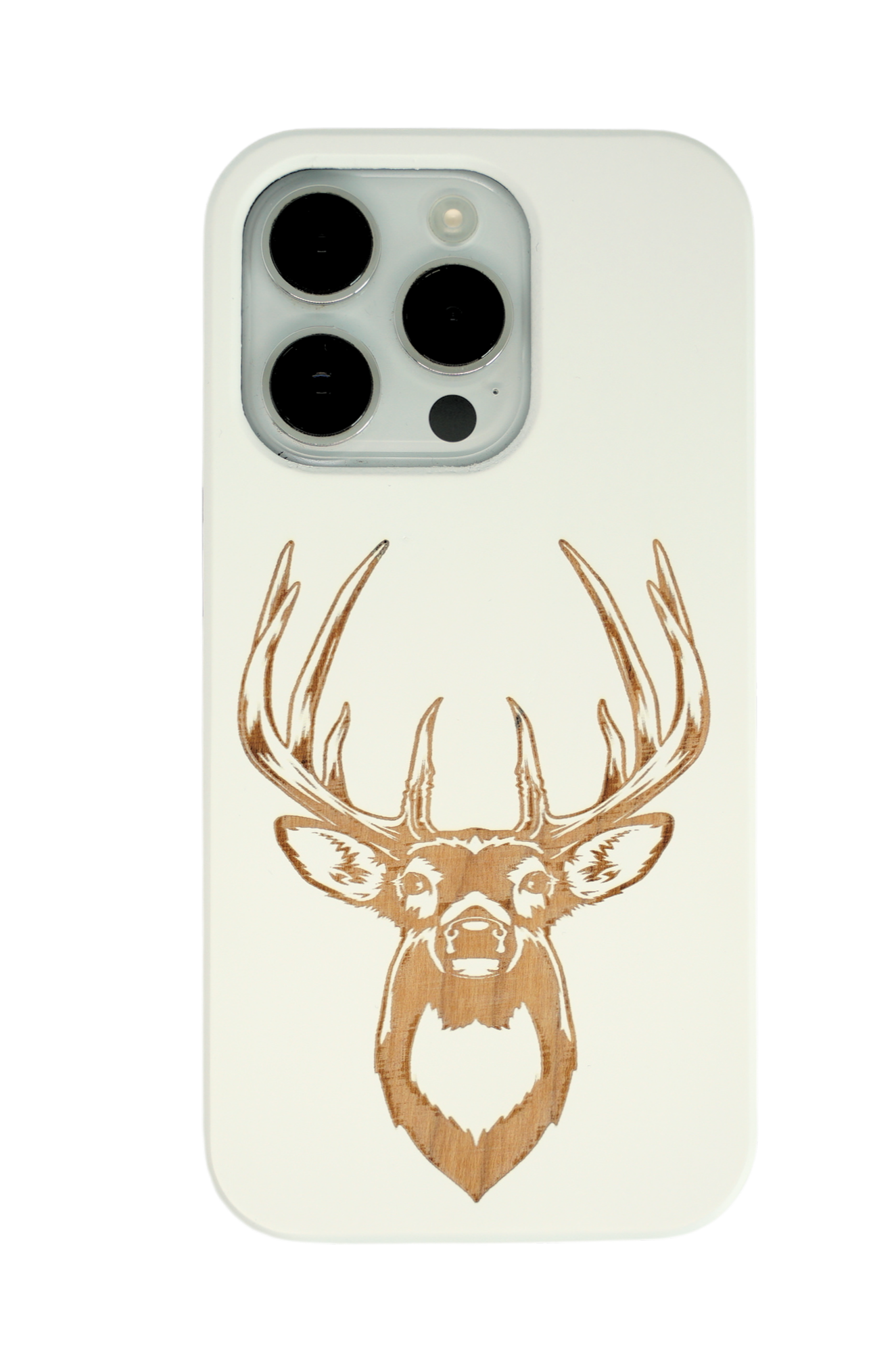 Eco-friendly wooden iPhone case with a detailed laser-engraved deer design, MagSafe-compatible for easy wireless charging