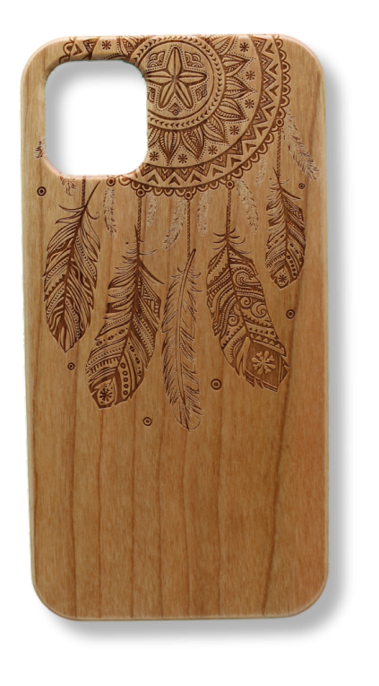 Eco-friendly wooden iPhone case with a detailed laser-engraved  Dream Catcher, MagSafe-compatible for easy wireless charging